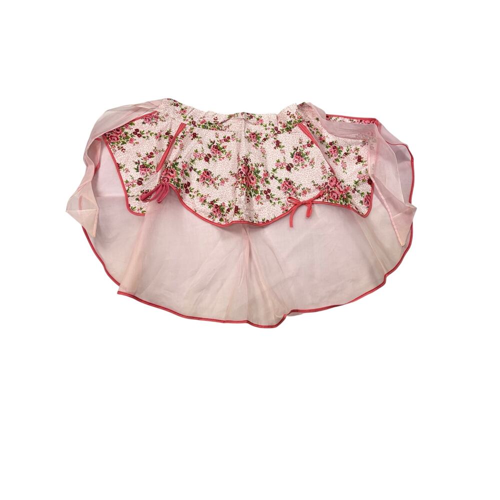 VTG 1950s pink floral waist apron with sheer bottom, pockets Up to 30 inch waist